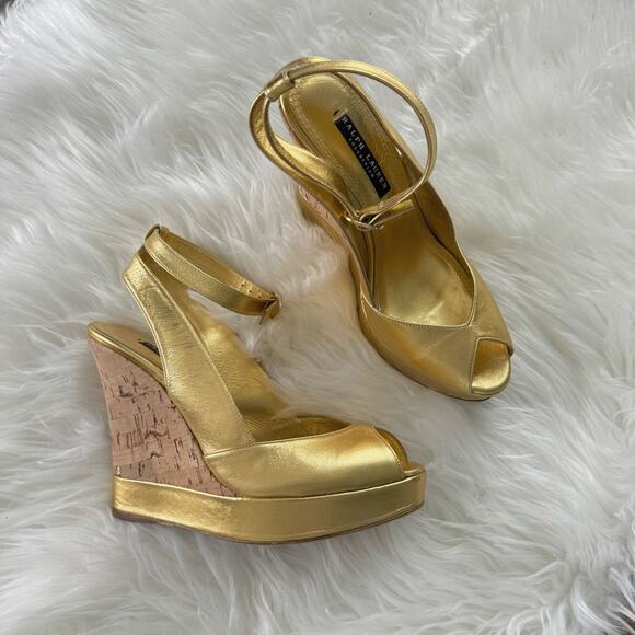 Ralph Lauren Collection Purple Label Women’s Platform Wedge Sandal Gold Metallic - Picture 1 of 10